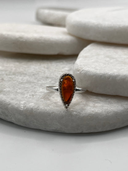 925 Sterling Silver Fire Opal Tear Drop Ring Size L