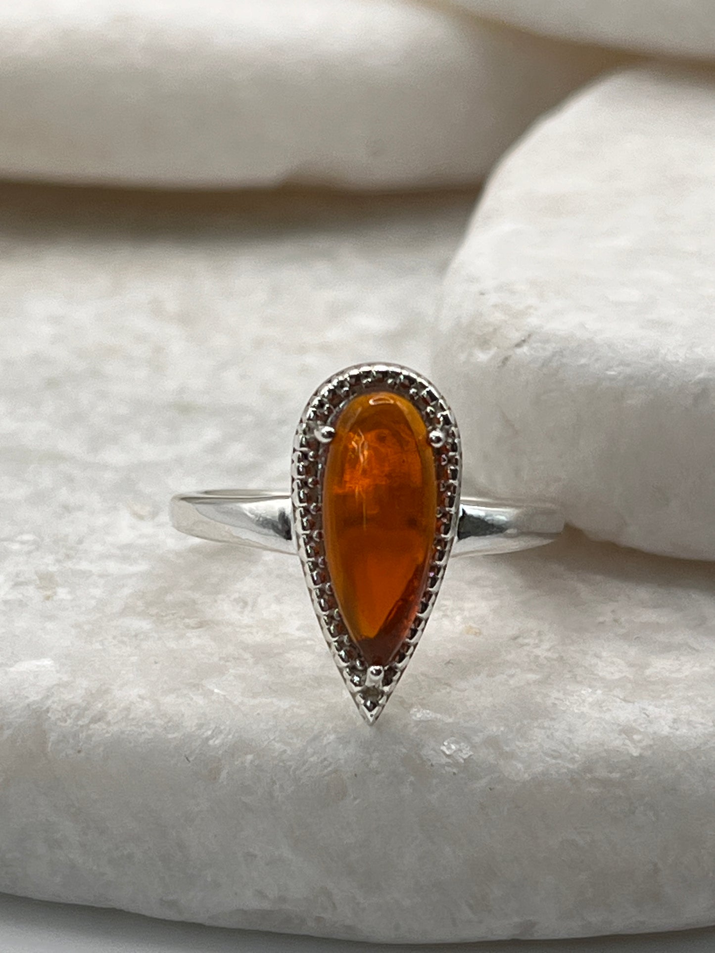 925 Sterling Silver Fire Opal Tear Drop Ring Size L