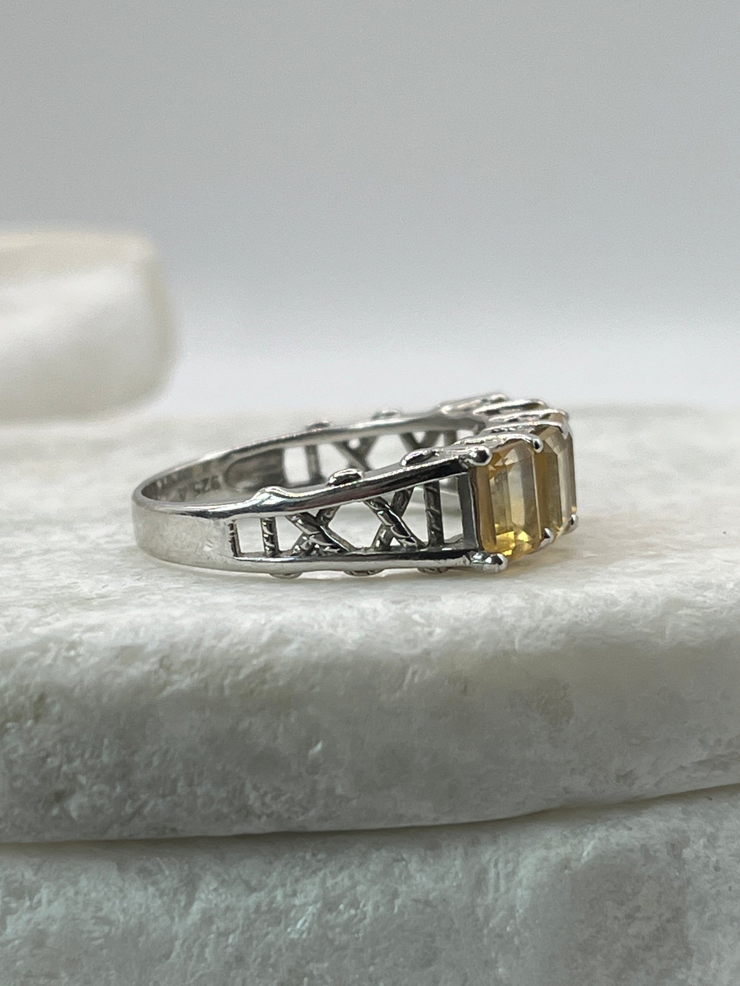 925 Sterling Silver Baguette Cut Citrine Half Eternity Ring Size U