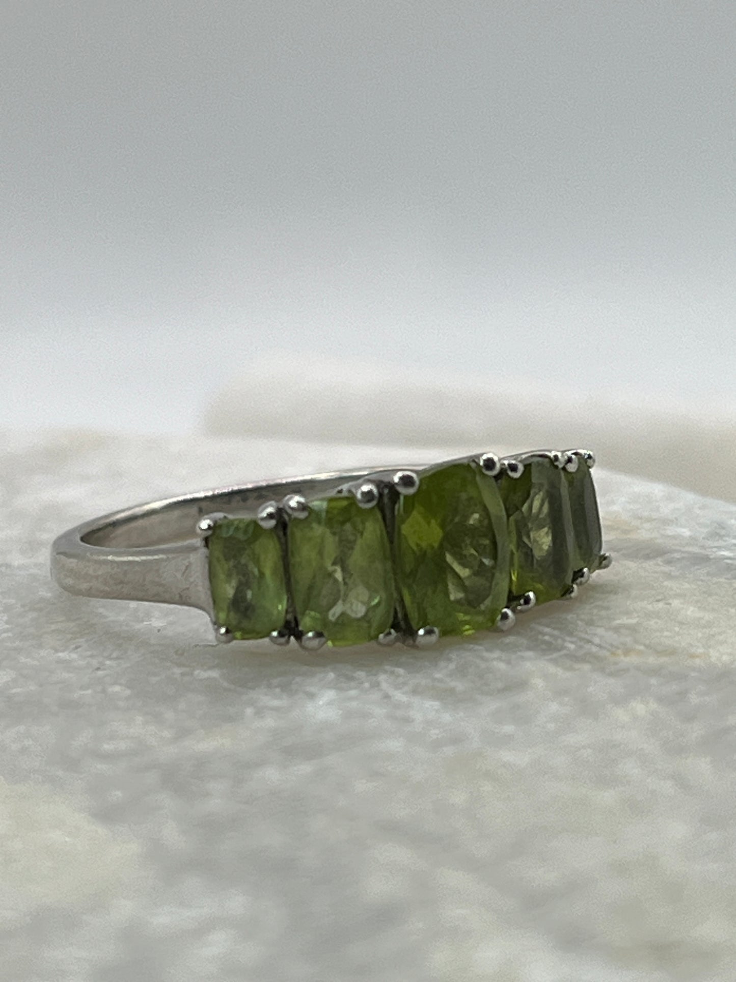 925 Sterling Silver Natural Peridot Five Stone Half Eternity Ring Size S