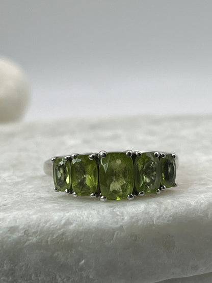 925 Sterling Silver Natural Peridot Five Stone Half Eternity Ring Size S