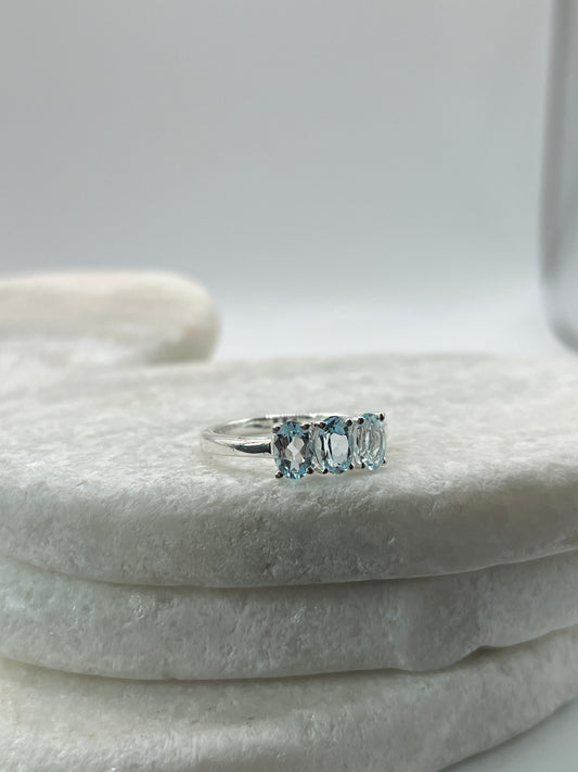 925 Sterling Silver Trilogy Aquamarine Ring Size P