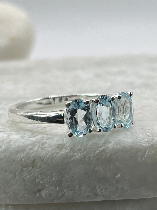 925 Sterling Silver Trilogy Aquamarine Ring Size P