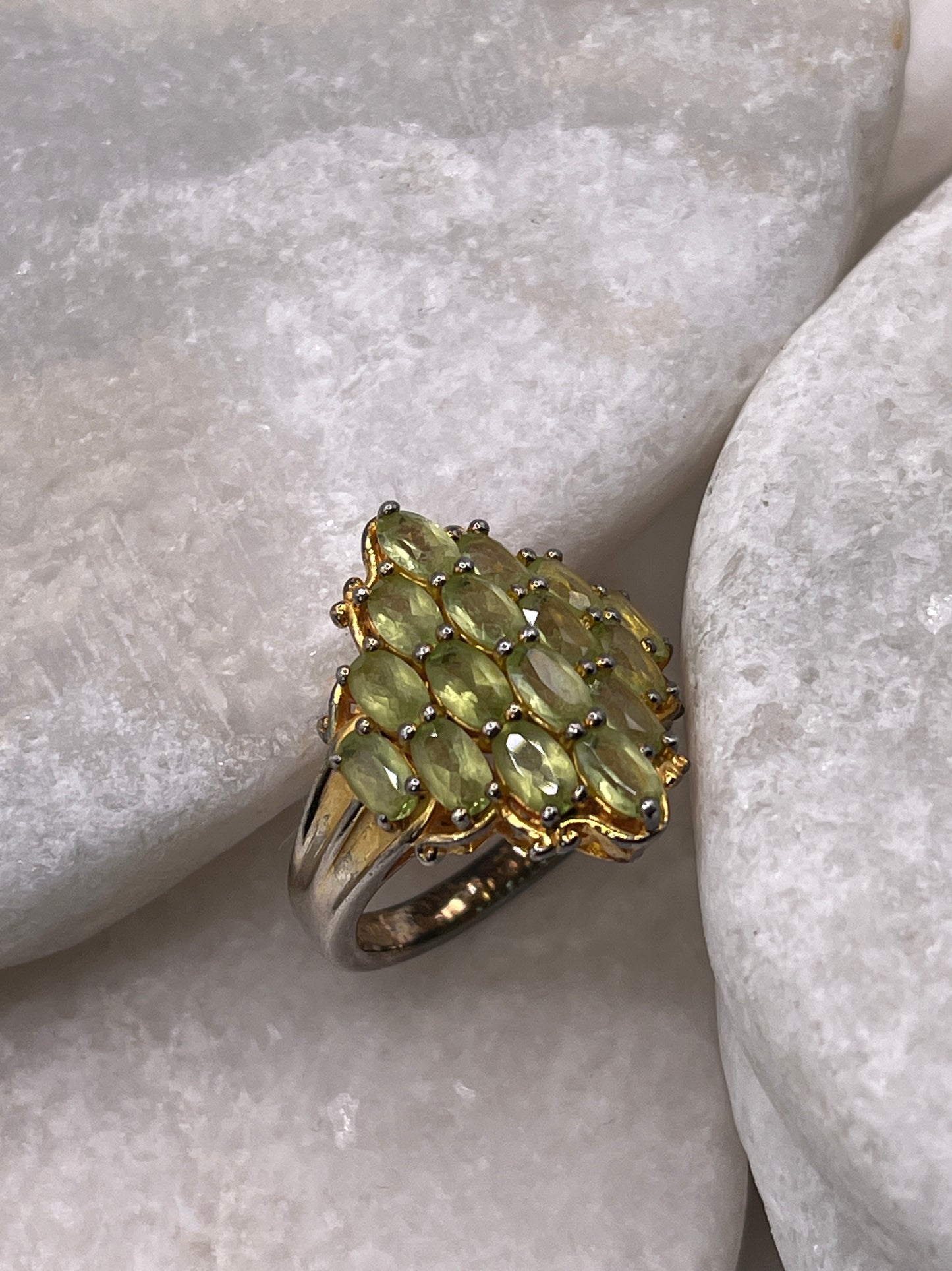 925 Sterling Silver Peridot Cluster Ring With 18k Gold Vermeil Plate Size P