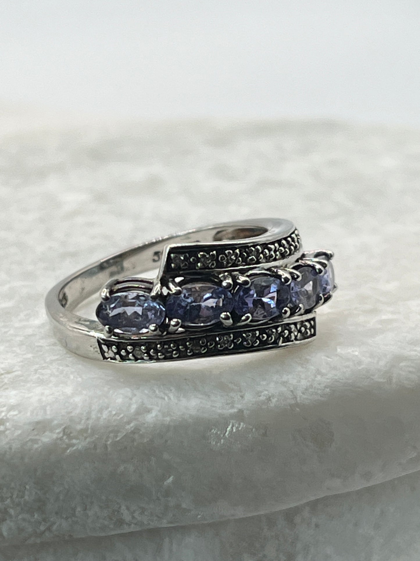 925 Sterling Silver Natural Tanzanite With Diamond Accent Half Eternity Ring Size P