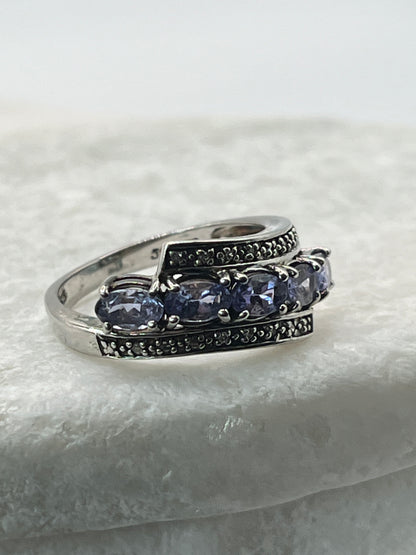 925 Sterling Silver Natural Tanzanite With Diamond Accent Half Eternity Ring Size P