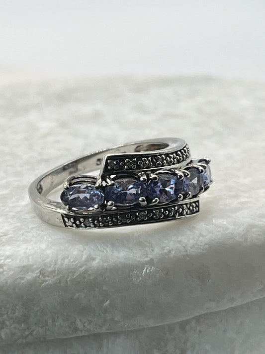 925 Sterling Silver Natural Tanzanite With Diamond Accent Half Eternity Ring Size P