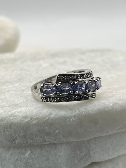 925 Sterling Silver Natural Tanzanite With Diamond Accent Half Eternity Ring Size P