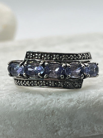 925 Sterling Silver Natural Tanzanite With Diamond Accent Half Eternity Ring Size P