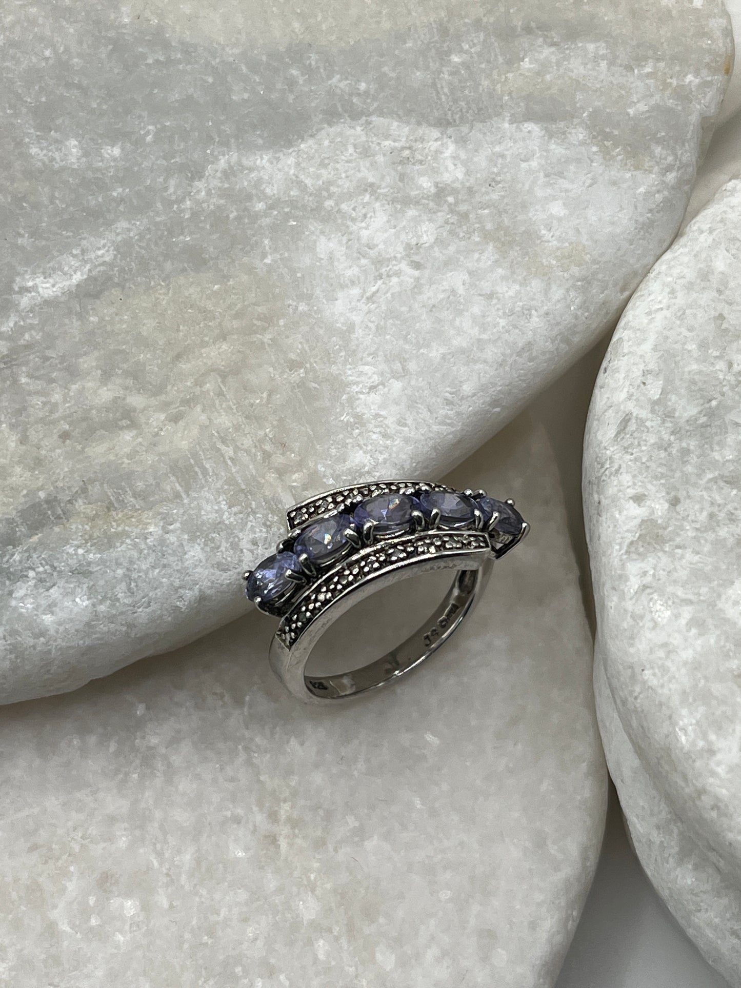 925 Sterling Silver Natural Tanzanite With Diamond Accent Half Eternity Ring Size P