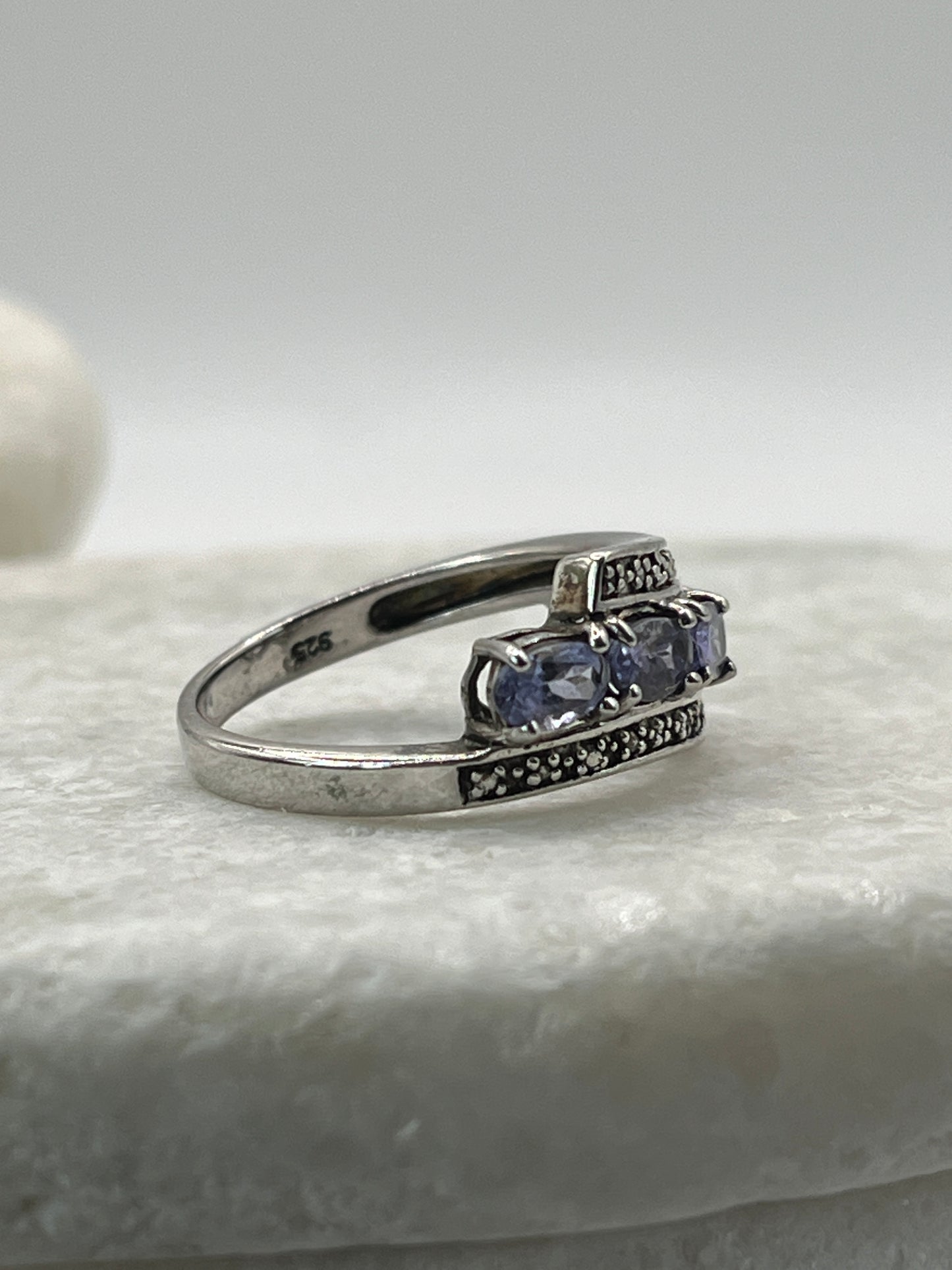925 Sterling Silver Natural Tanzanite With Diamond Accent Half Eternity Ring Size P
