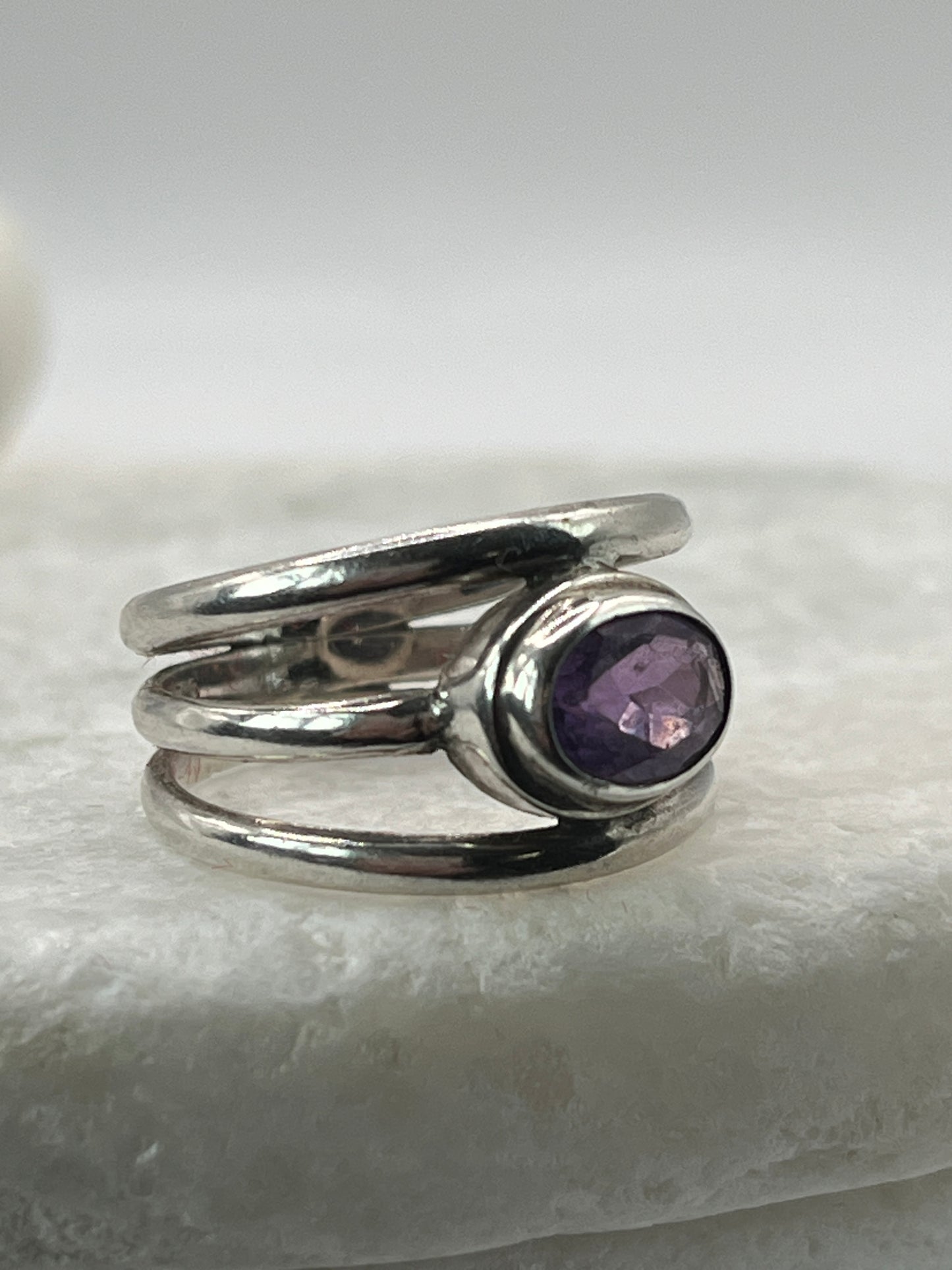 925 Sterling Silver Amethyst Three Band Ring Size N