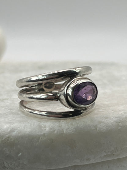 925 Sterling Silver Amethyst Three Band Ring Size N