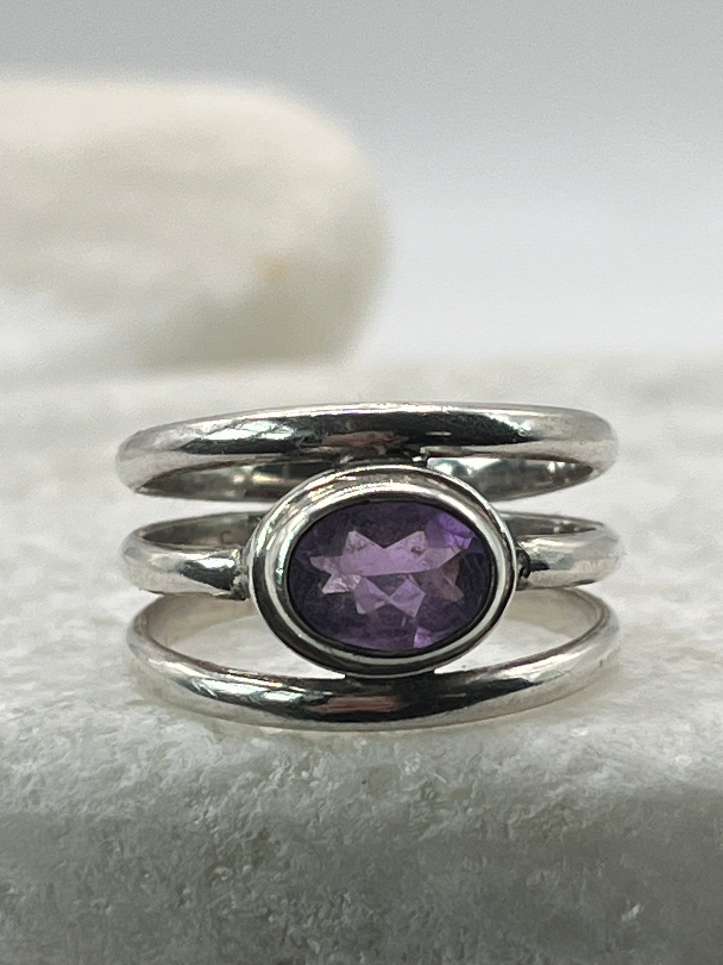 925 Sterling Silver Amethyst Three Band Ring Size N