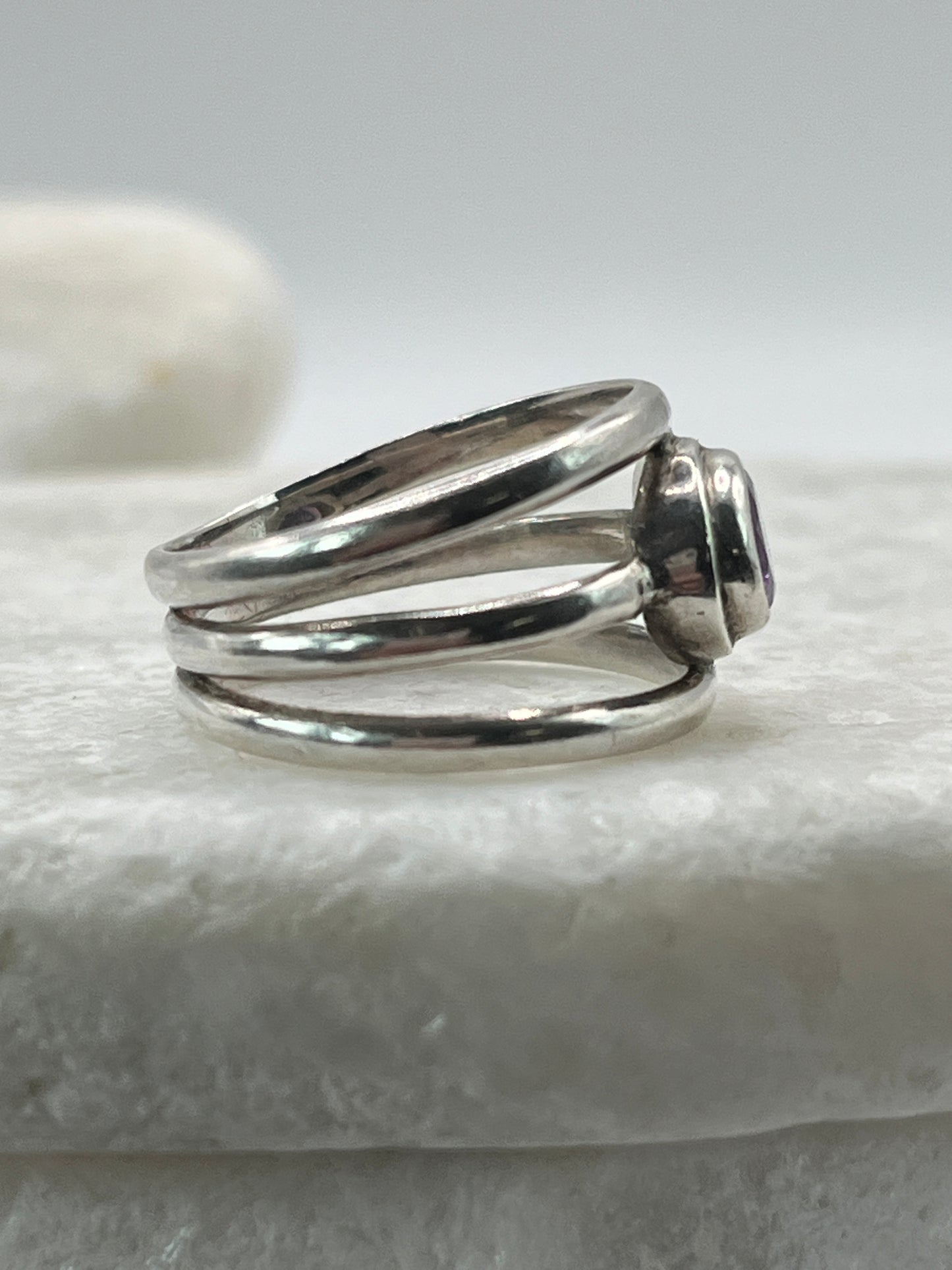 925 Sterling Silver Amethyst Three Band Ring Size N