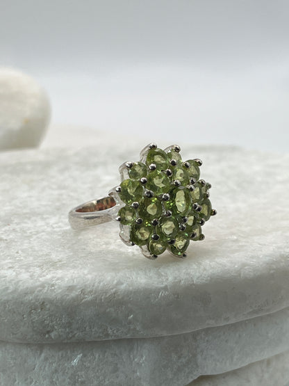 925 Sterling Silver Peridot Cluster Statement Ring  - Size N
