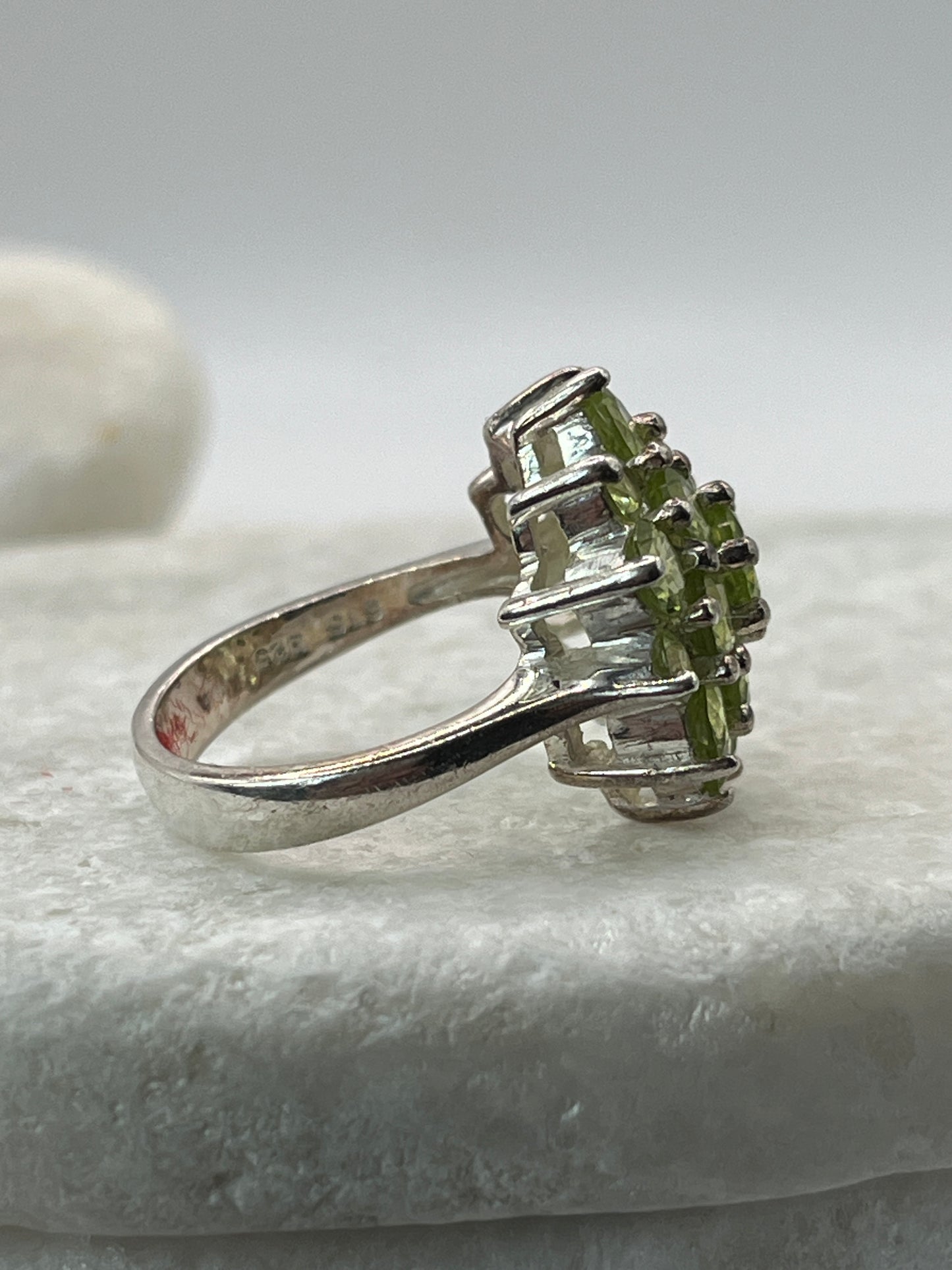 925 Sterling Silver Peridot Cluster Statement Ring  - Size N