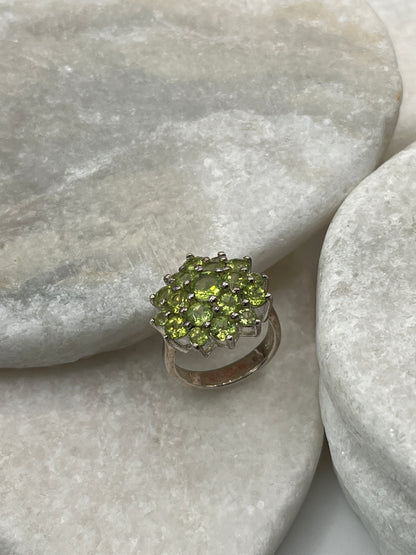 925 Sterling Silver Peridot Cluster Statement Ring  - Size N