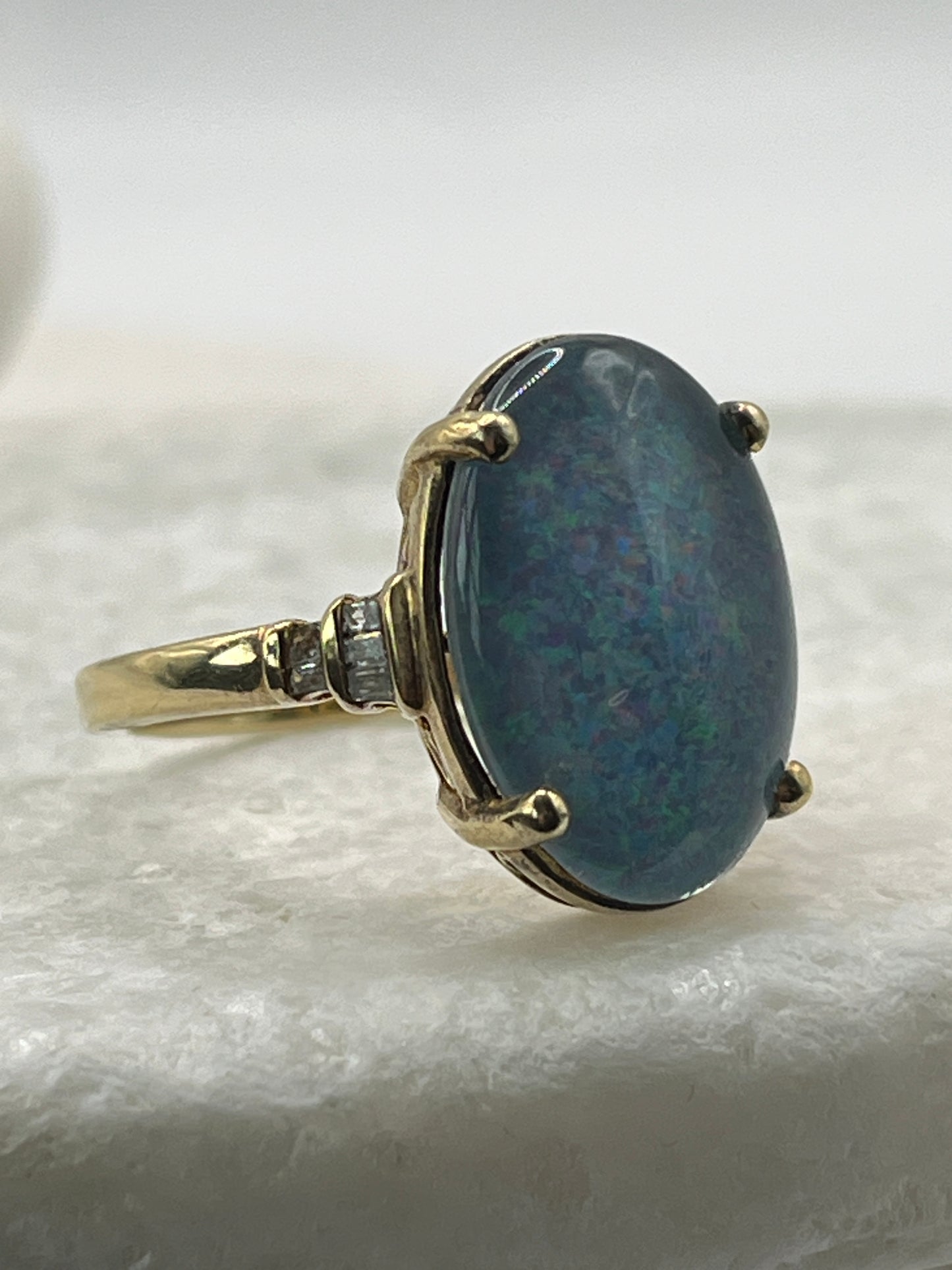 925 Sterling Silver Opal Triplet Diamond Shoulders Gold Plate Ring  - Size S