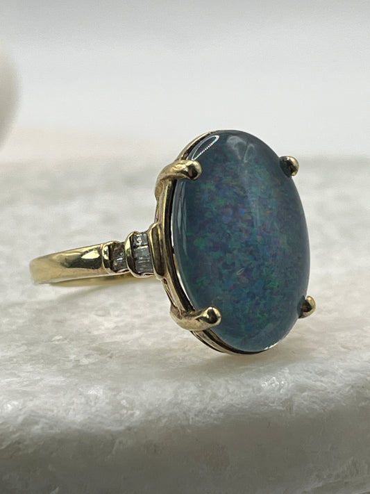 925 Sterling Silver Opal Triplet Diamond Shoulders Gold Plate Ring  - Size S
