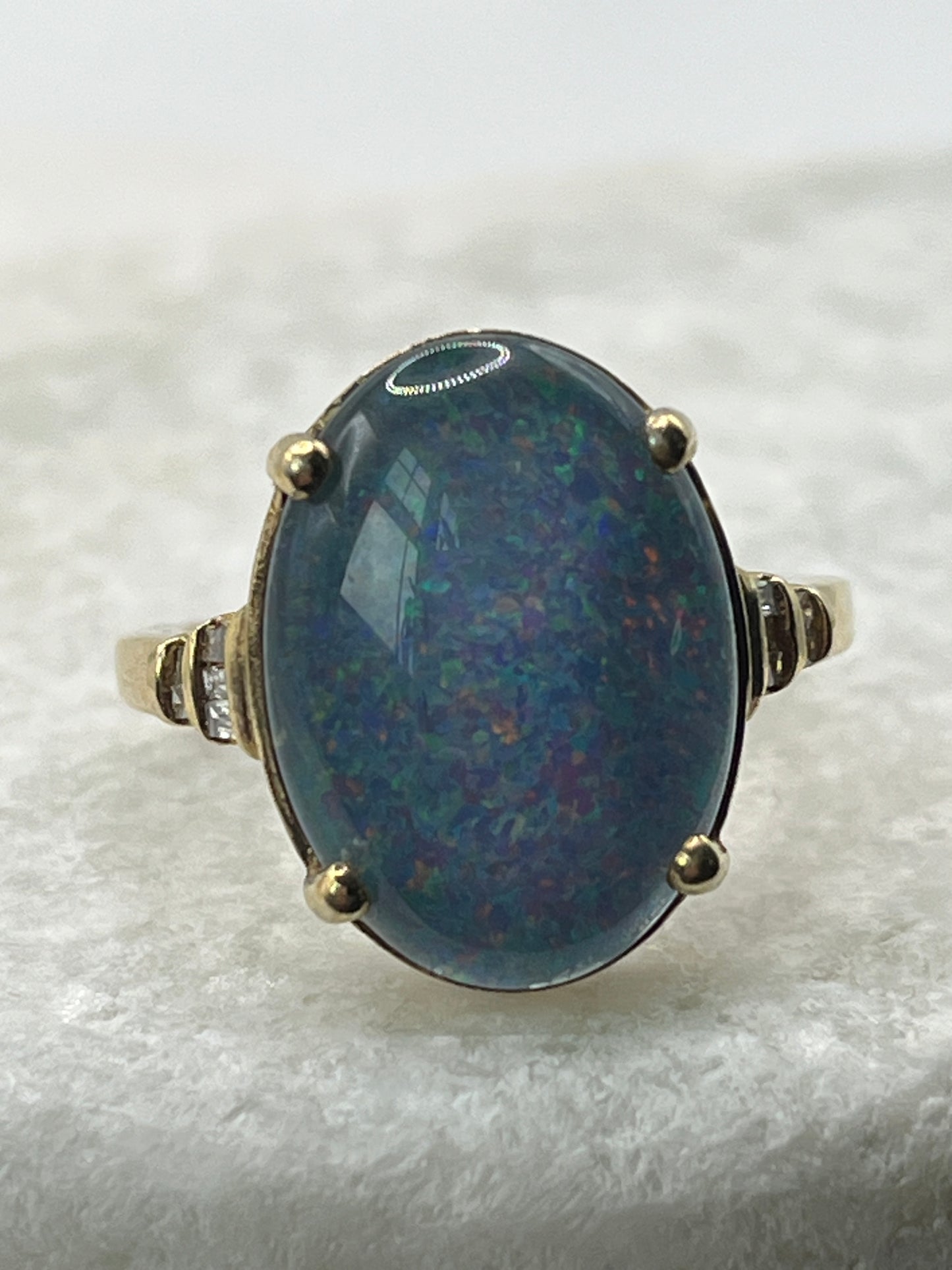 925 Sterling Silver Opal Triplet Diamond Shoulders Gold Plate Ring  - Size S