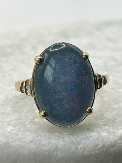 925 Sterling Silver Opal Triplet Diamond Shoulders Gold Plate Ring  - Size S