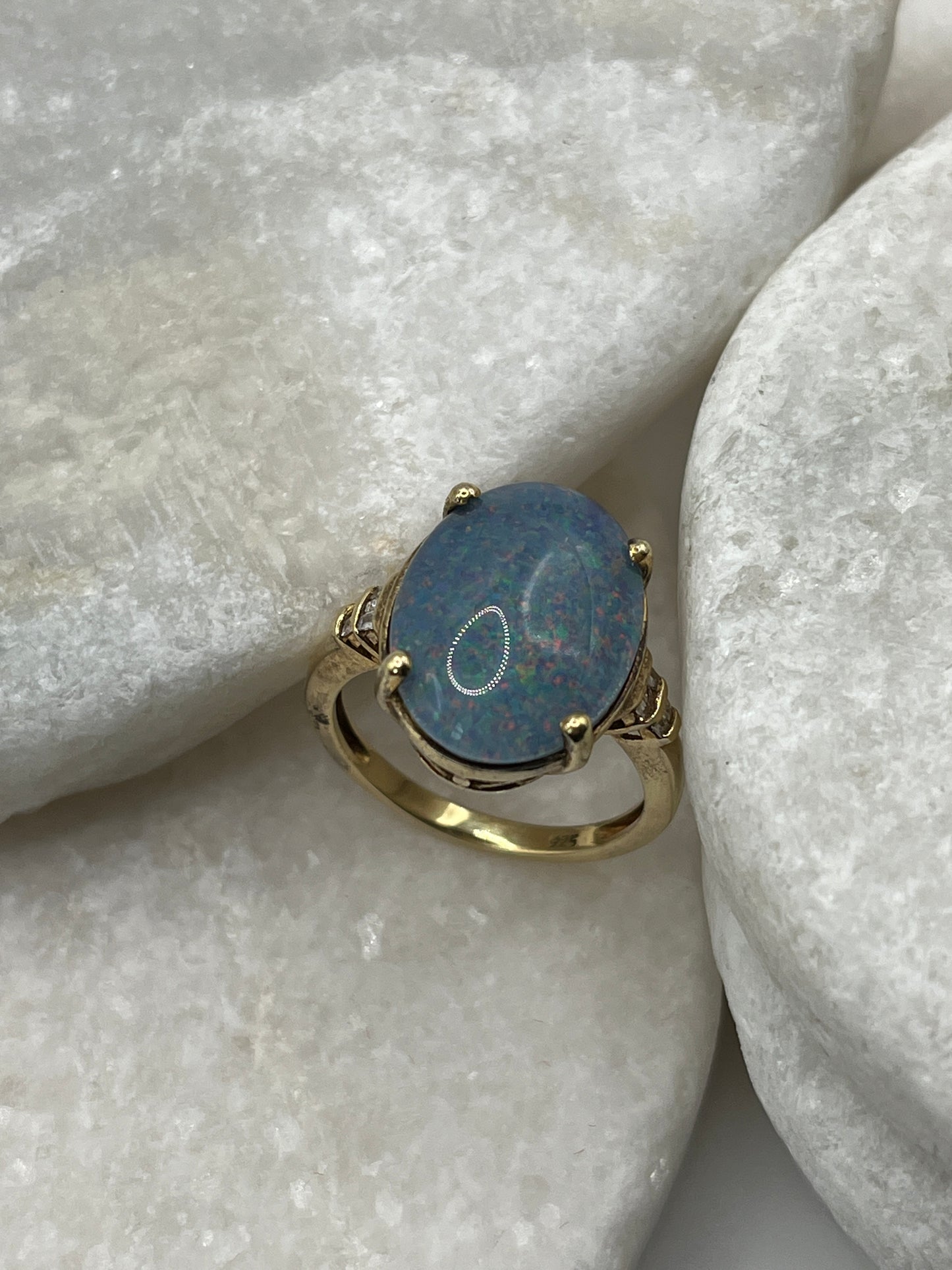 925 Sterling Silver Opal Triplet Diamond Shoulders Gold Plate Ring  - Size S