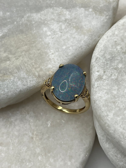 925 Sterling Silver Opal Triplet Diamond Shoulders Gold Plate Ring  - Size S