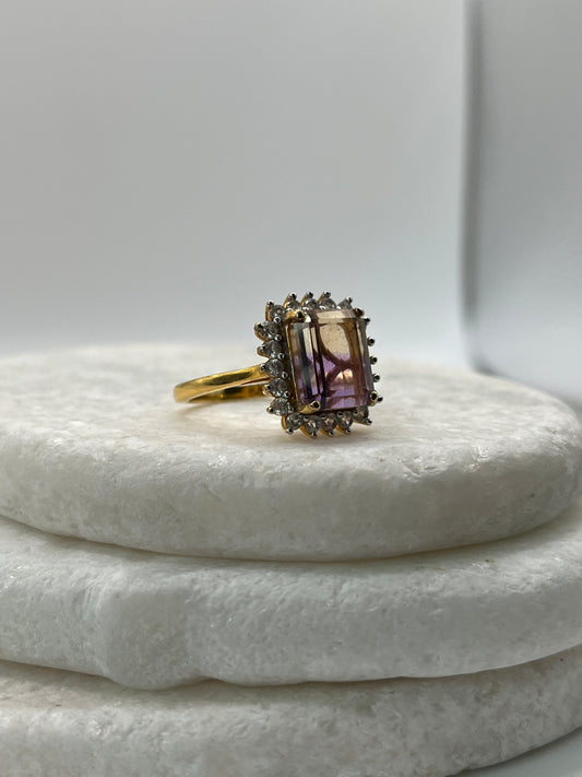 925 Sterling Silver Ametrine Doublet And White Topaz Gilded Gold Square Halo Ring- Size R / S