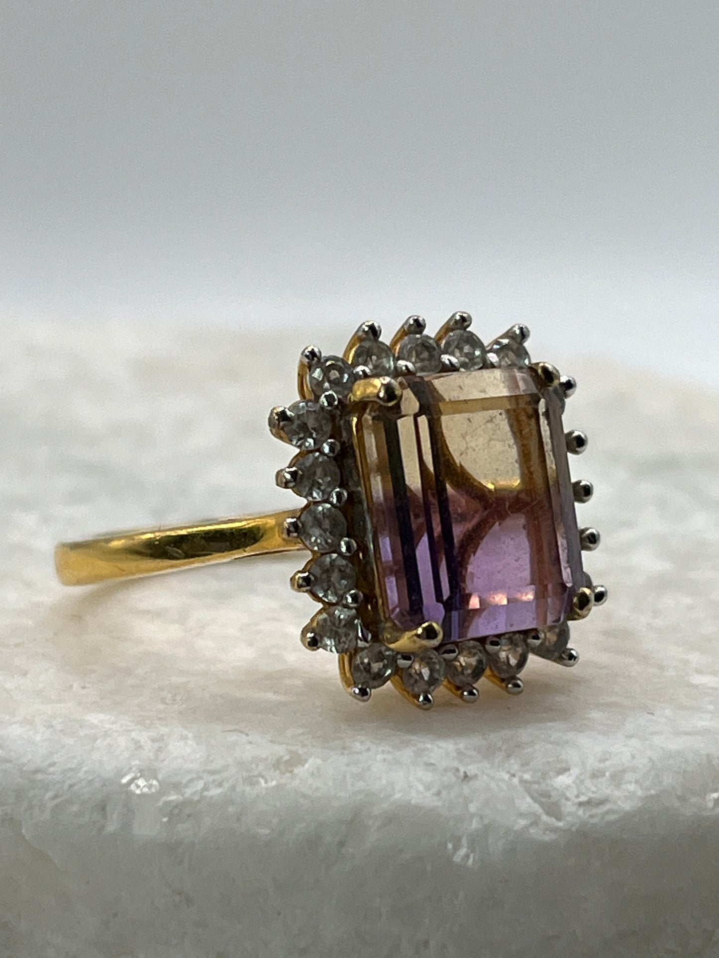 925 Sterling Silver Ametrine And White Topaz Gilded Gold Square Halo Ring- Size R