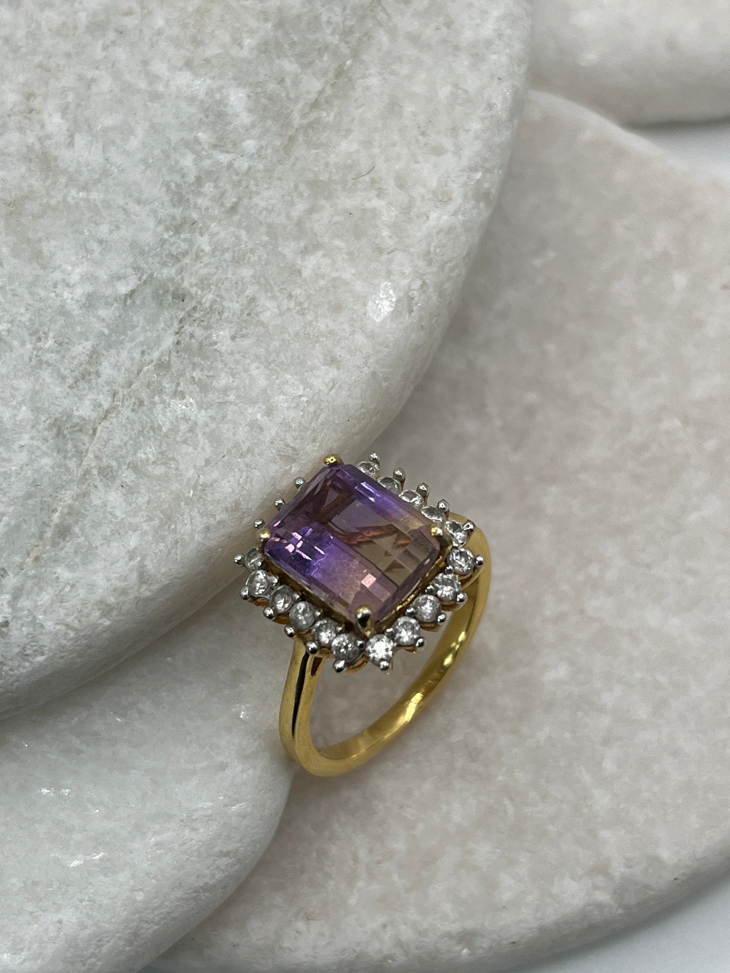 925 Sterling Silver Ametrine And White Topaz Gilded Gold Square Halo Ring- Size R