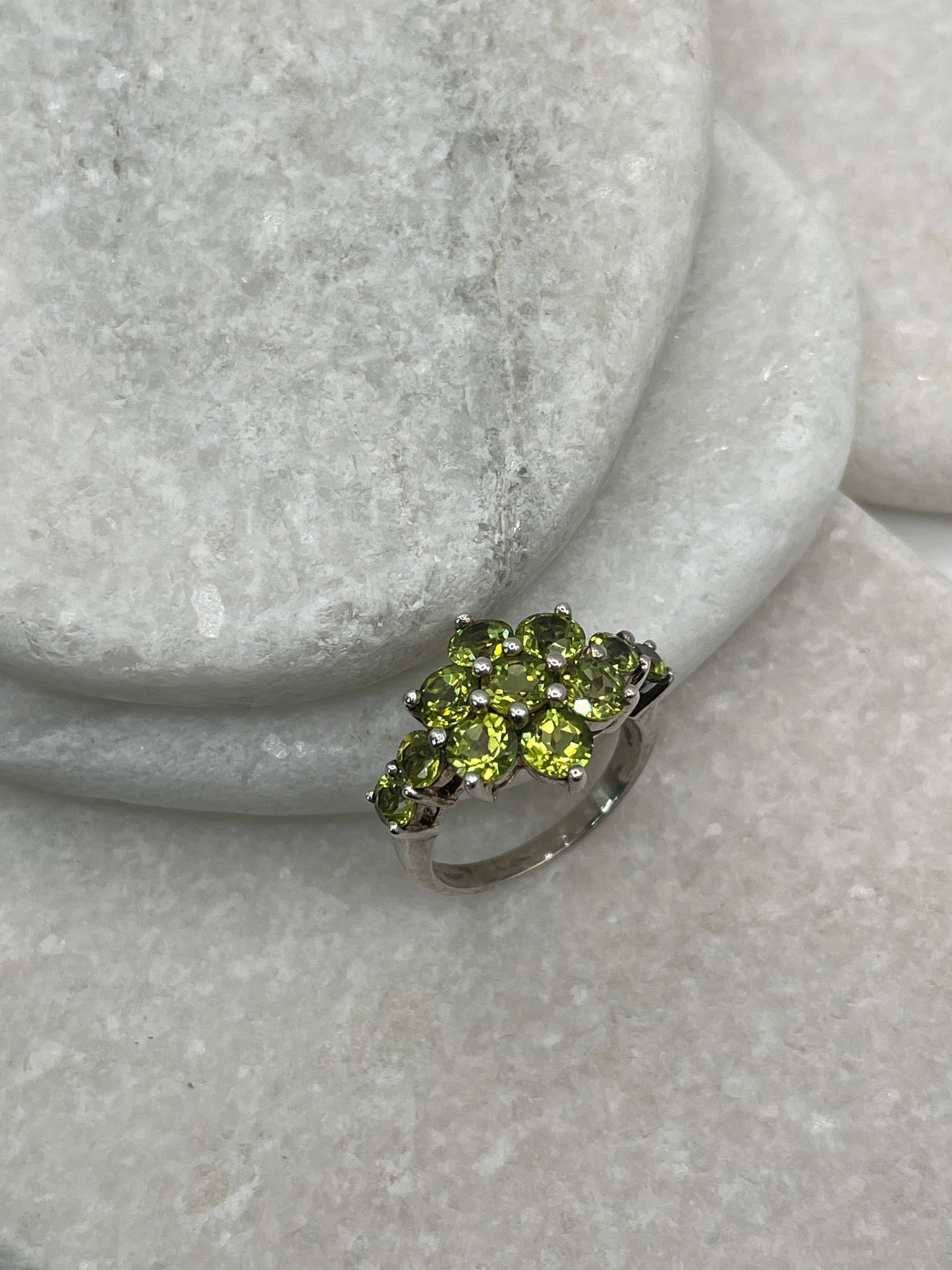 925 Sterling Silver Green Peridot Cluster Ring- Size R