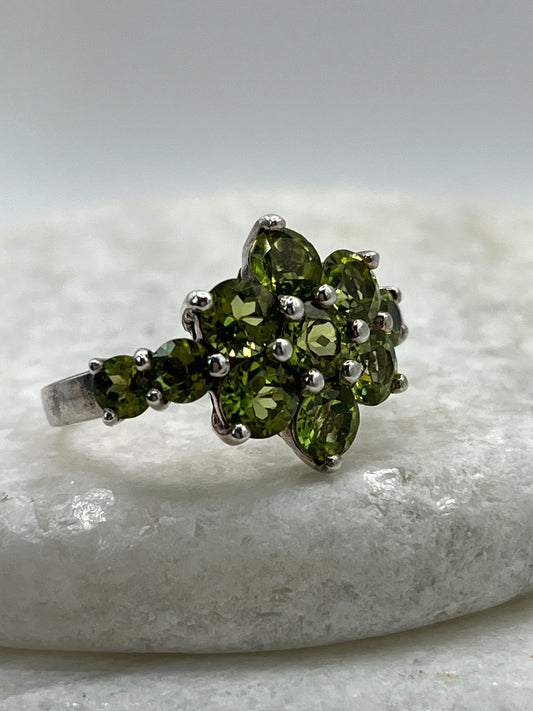 925 Sterling Silver Green Peridot Cluster Ring- Size R