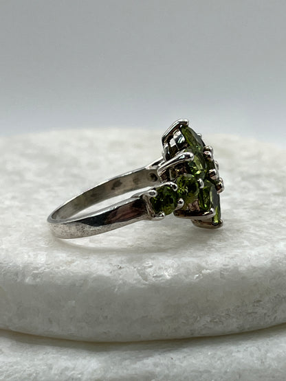 925 Sterling Silver Green Peridot Cluster Ring- Size R