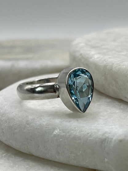 925 Sterling Silver Swiss Blue Topaz Tear Drop Ring- Size R