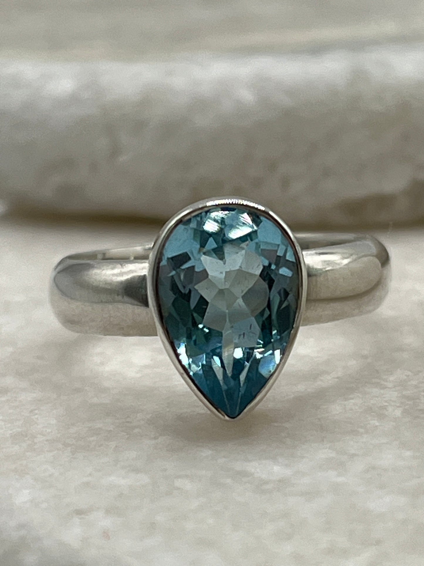 925 Sterling Silver Swiss Blue Topaz Tear Drop Ring- Size R