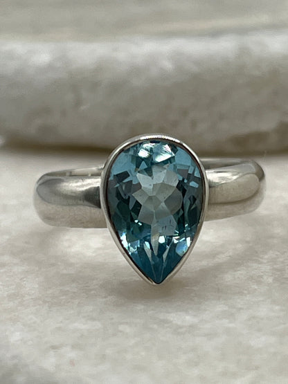 925 Sterling Silver Swiss Blue Topaz Tear Drop Ring- Size R