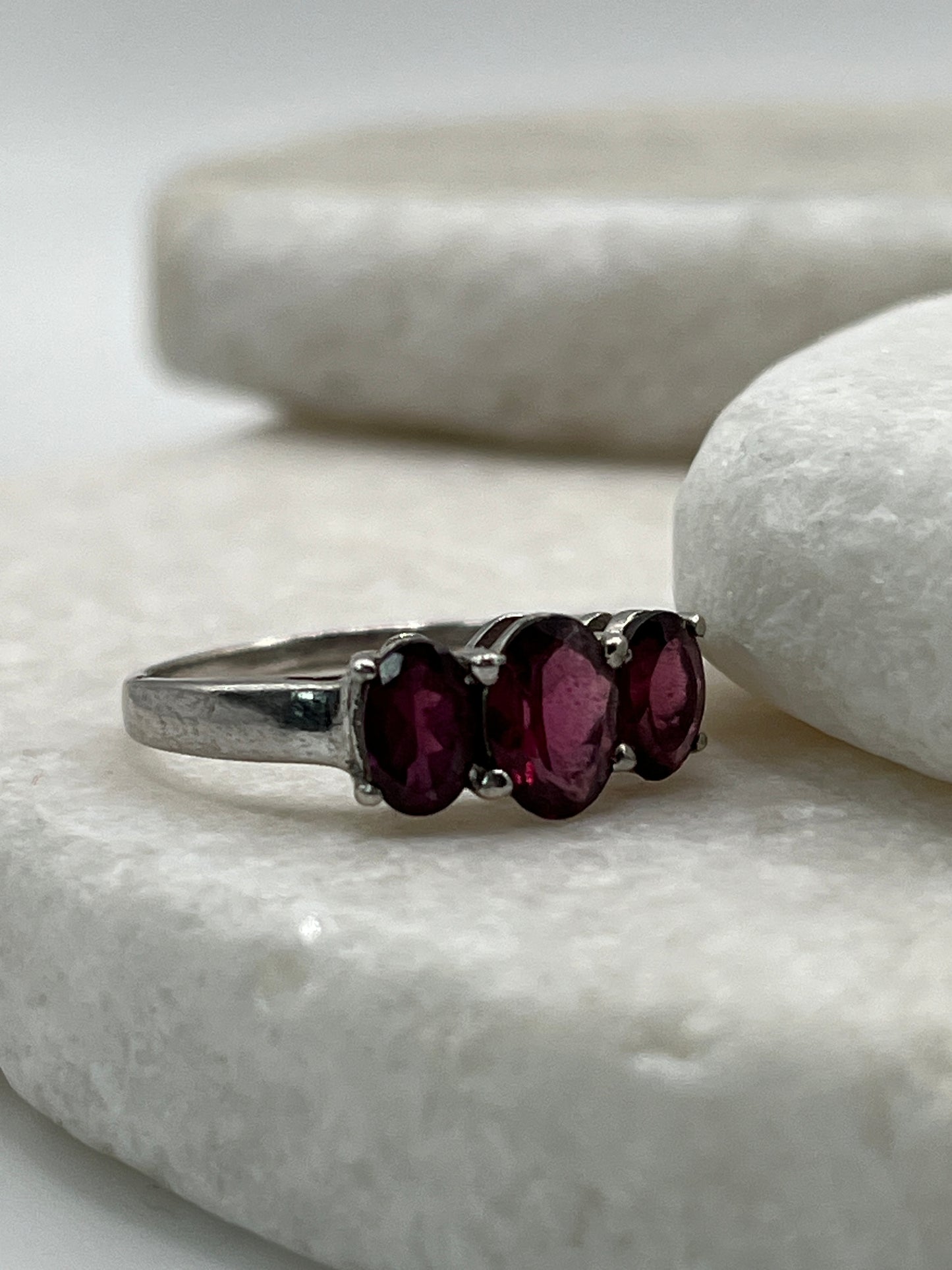925 Sterling Silver Trilogy Garnet Ring- Size R