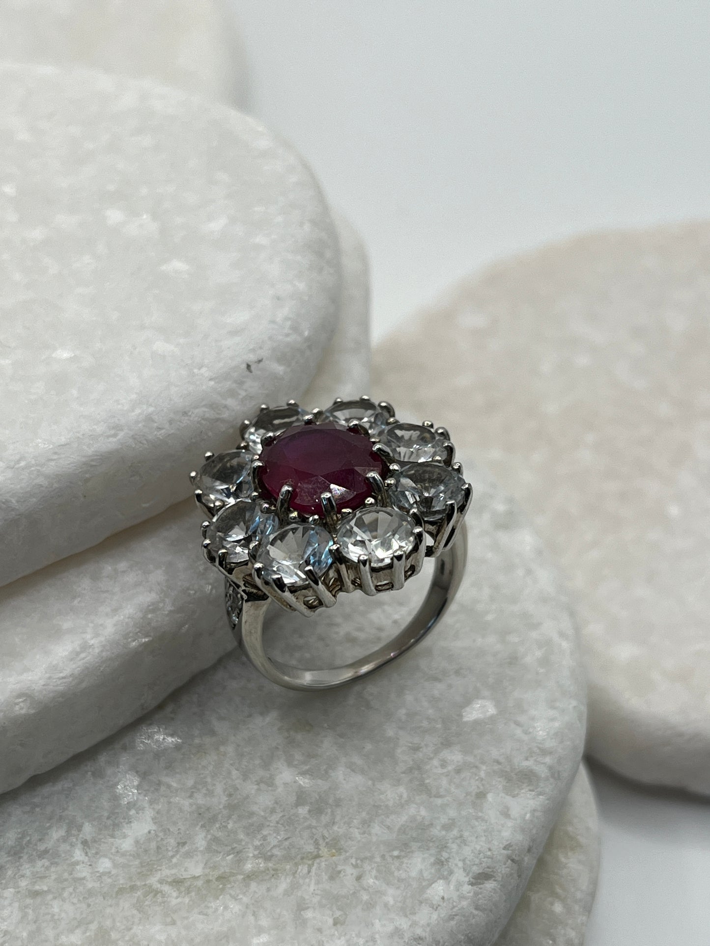 925 Sterling Silver Ruby And White Topaz- Size P