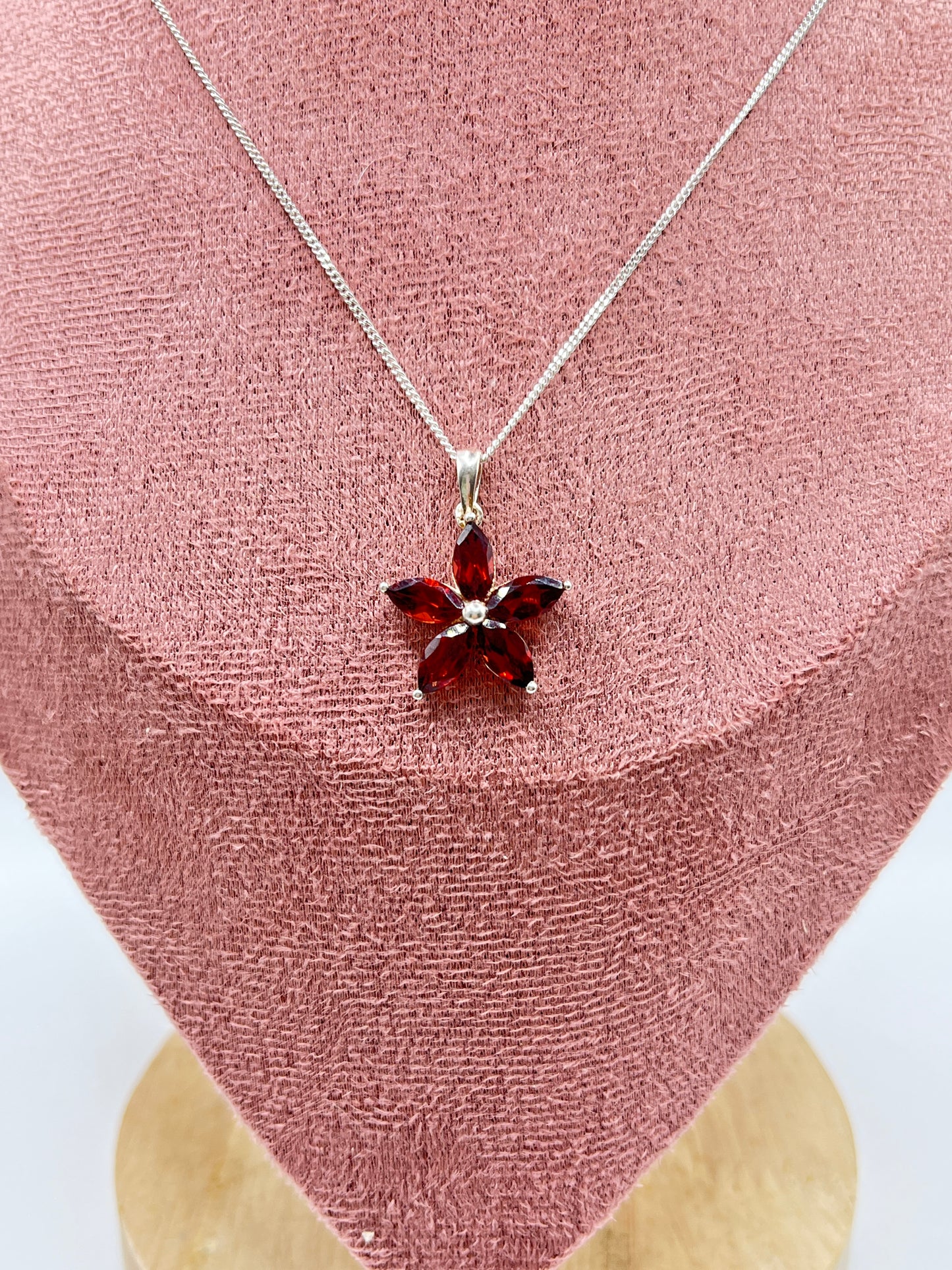 Vintage 925 Sterling Silver Garnet Flower Pendant