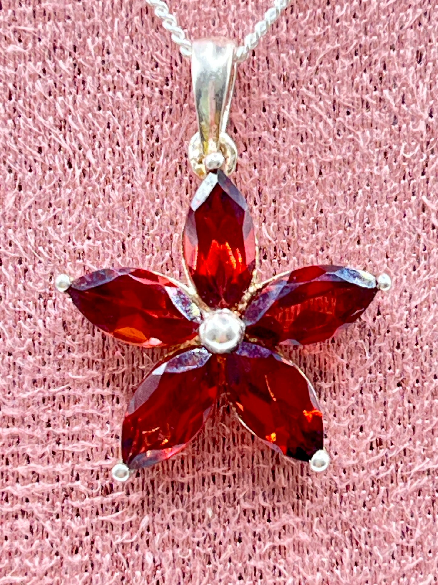 Vintage 925 Sterling Silver Garnet Flower Pendant