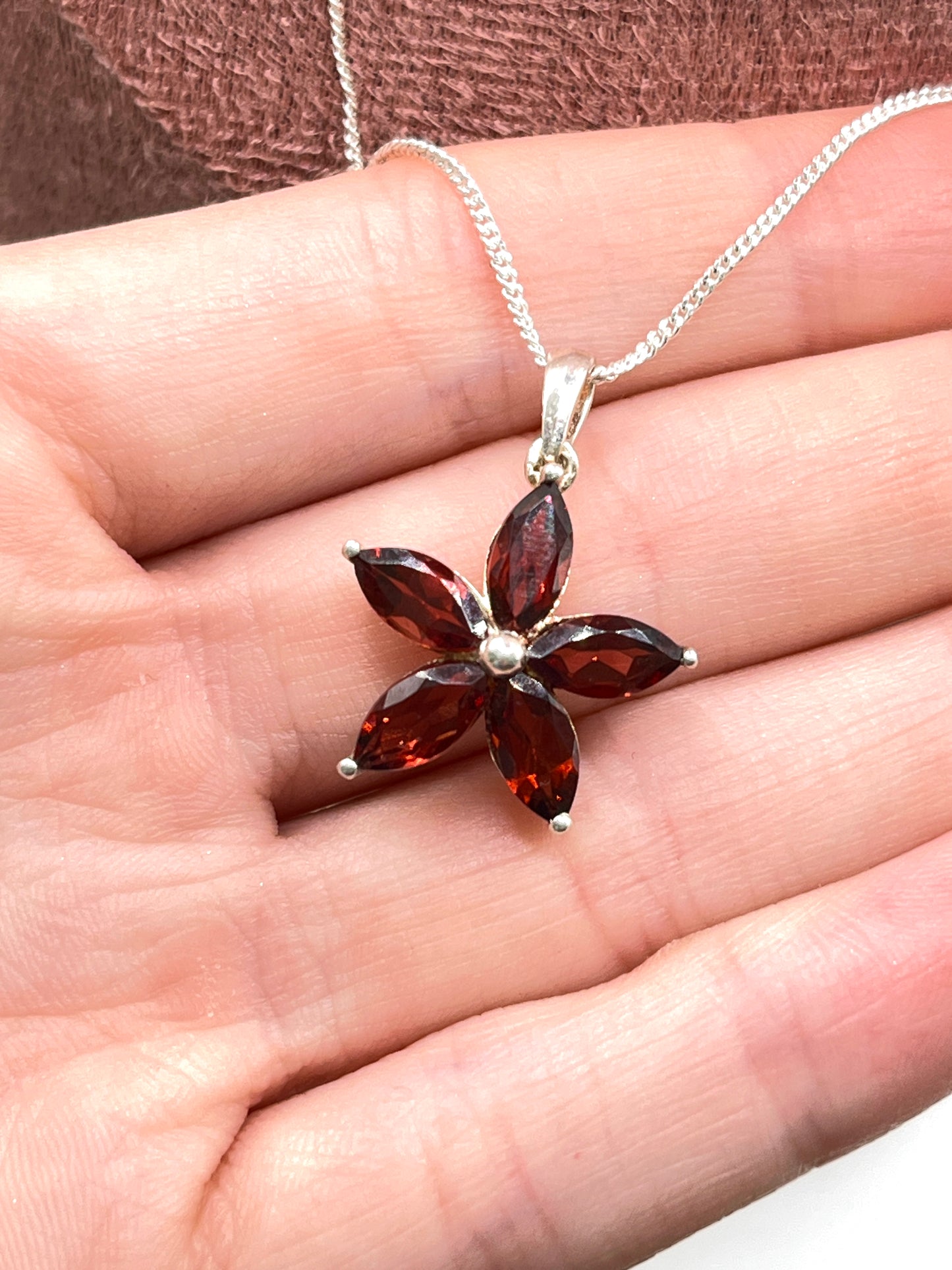 Vintage 925 Sterling Silver Garnet Flower Pendant