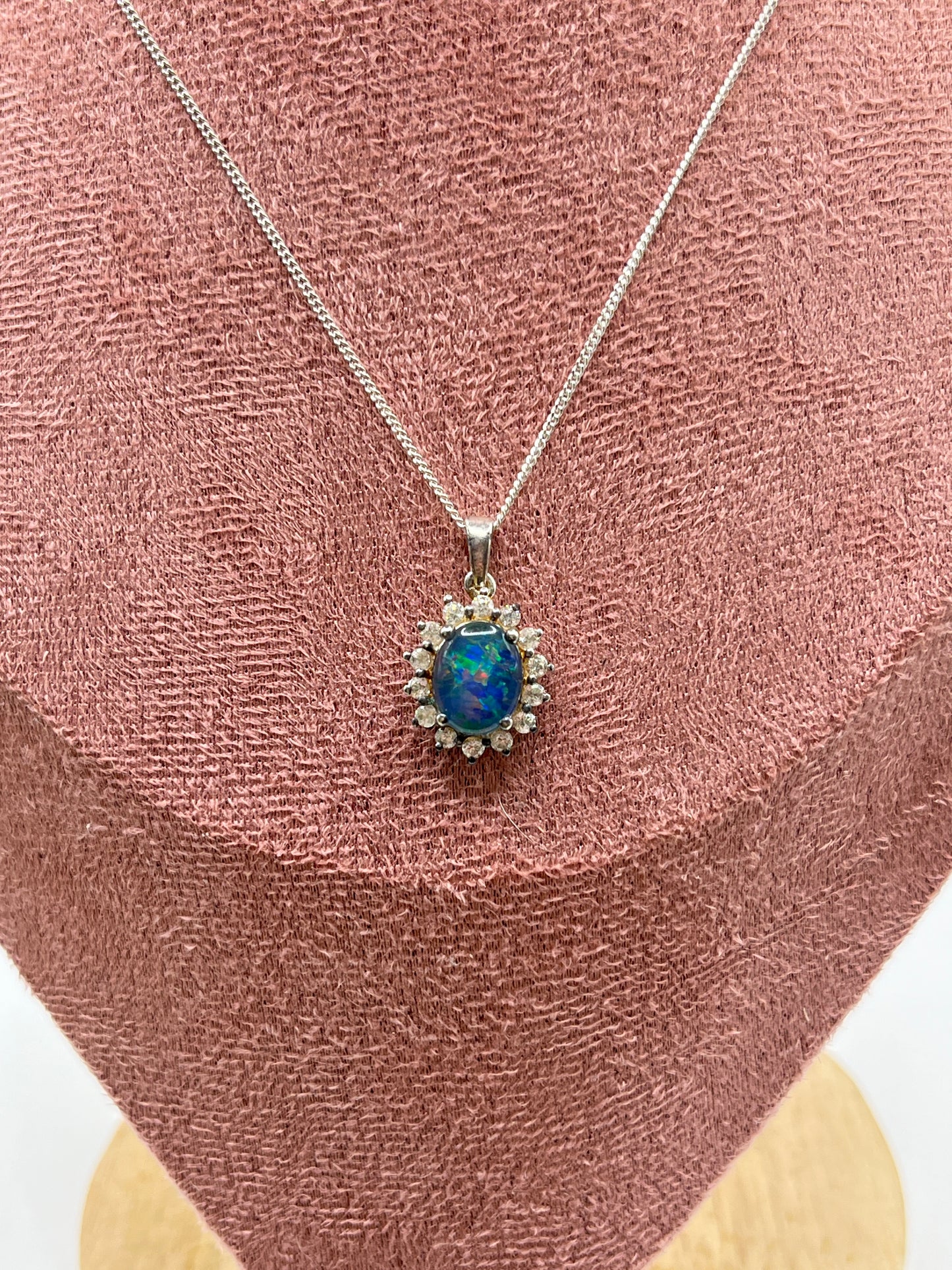 Vintage Sterling Silver Opal Triplet and White Zircon Halo Pendant