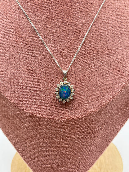 Vintage Sterling Silver Opal Triplet and White Zircon Halo Pendant