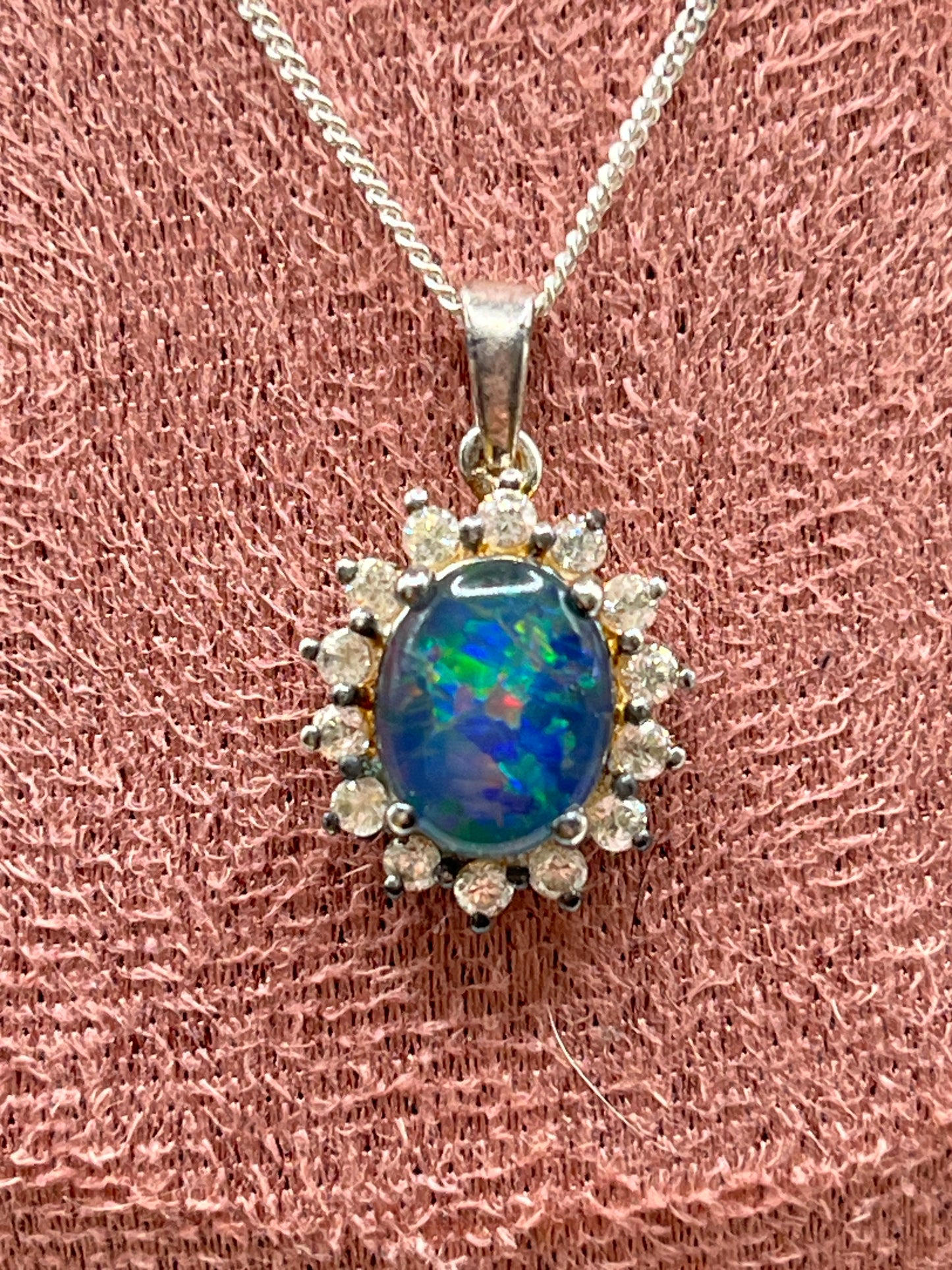 Vintage Sterling Silver Opal Triplet and White Zircon Halo Pendant