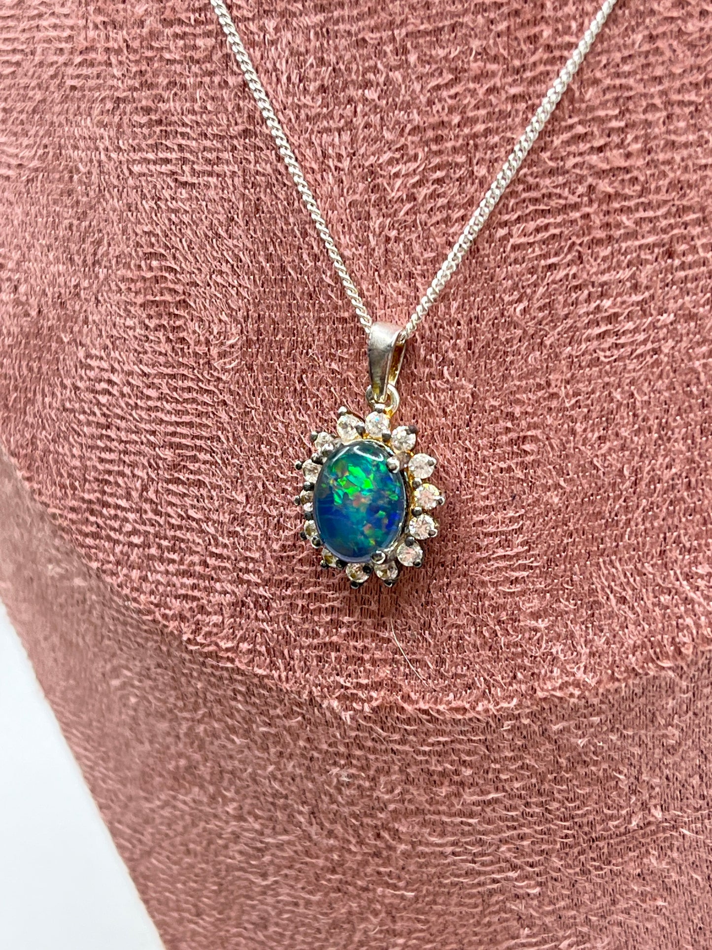 Vintage Sterling Silver Opal Triplet and White Zircon Halo Pendant