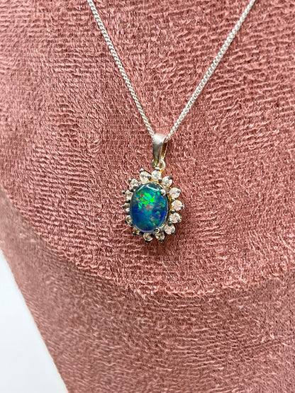 Vintage Sterling Silver Opal Triplet and White Zircon Halo Pendant