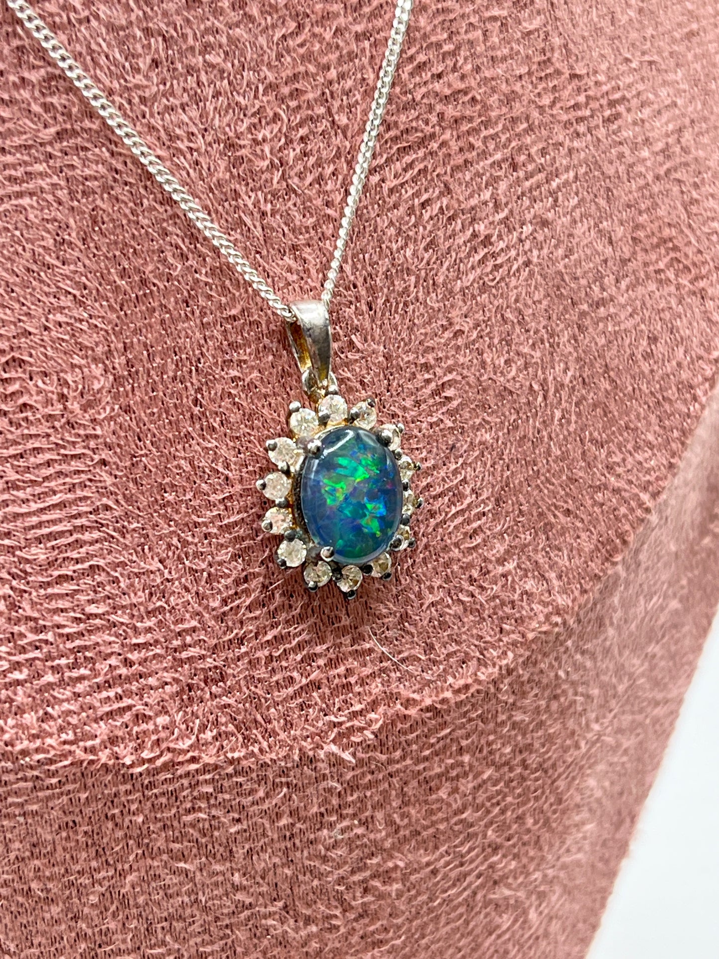 Vintage Sterling Silver Opal Triplet and White Zircon Halo Pendant