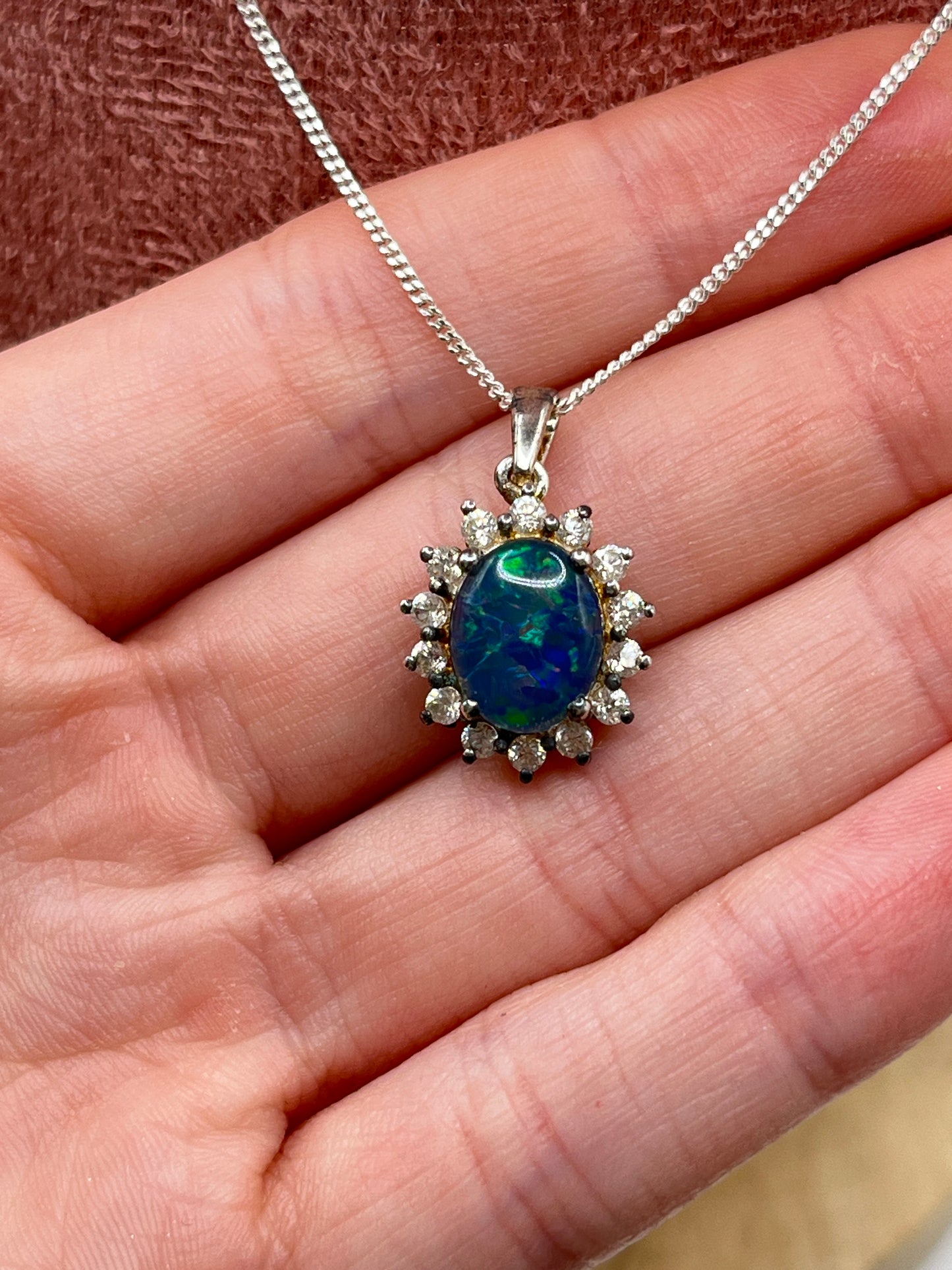 Vintage Sterling Silver Opal Triplet and White Zircon Halo Pendant