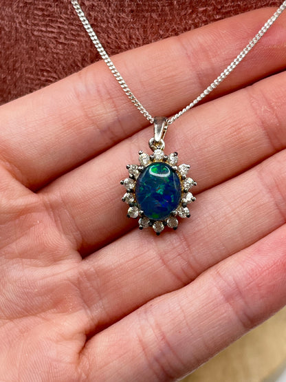 Vintage Sterling Silver Opal Triplet and White Zircon Halo Pendant